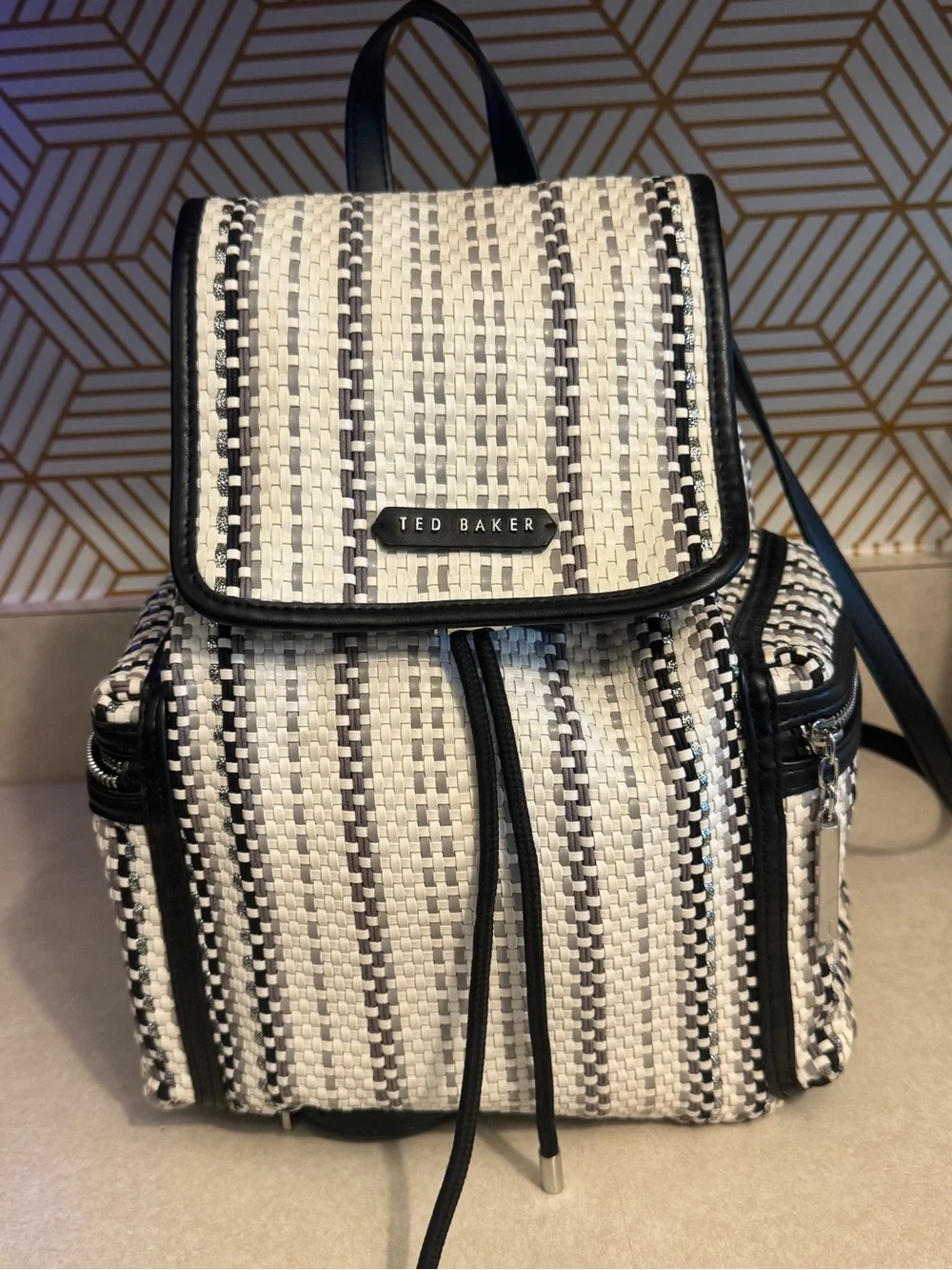 NWOT Ted Baker Allizza Black & Cream w/metallic silver woven Stripe Backpack